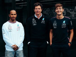 Lewis Hamilton, George Russell and Toto Wolff