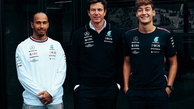 Lewis Hamilton, George Russell and Toto Wolff